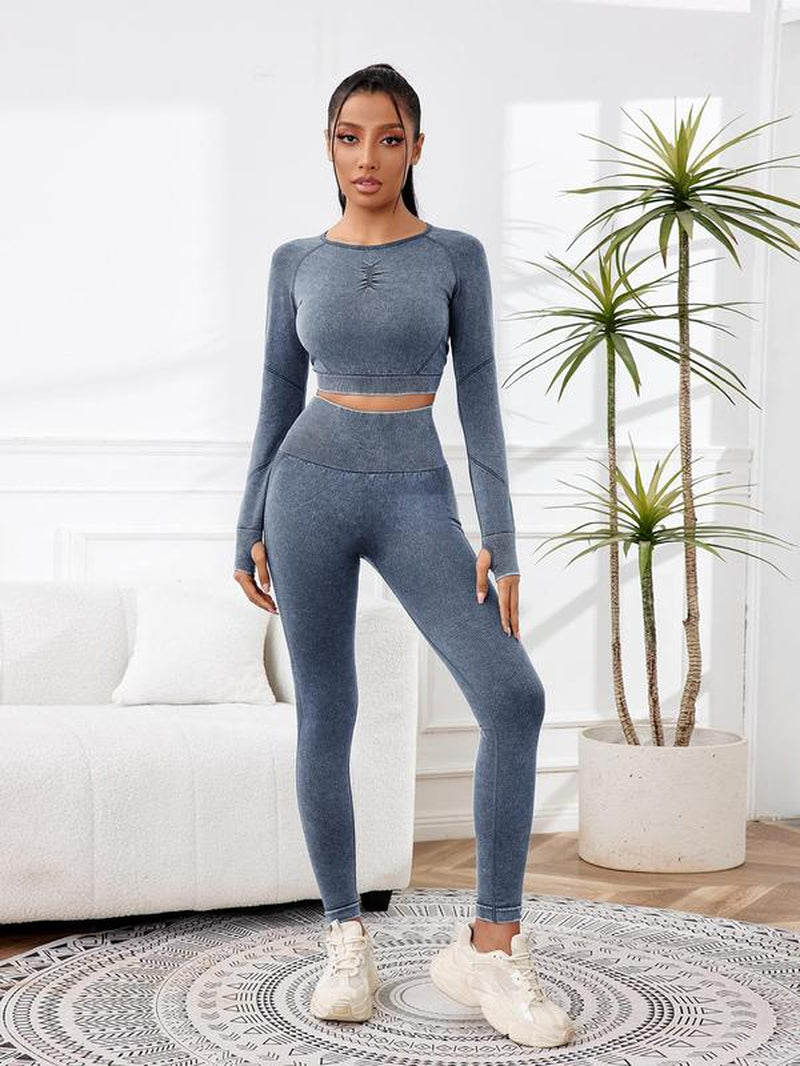 Women'S Solid Tracksuit Set, Sporty Long Sleeve Crop Top & High Waist Leggings, Breathable Outfits for Yoga Gym Workout, Women Tracksuits for All Seasons