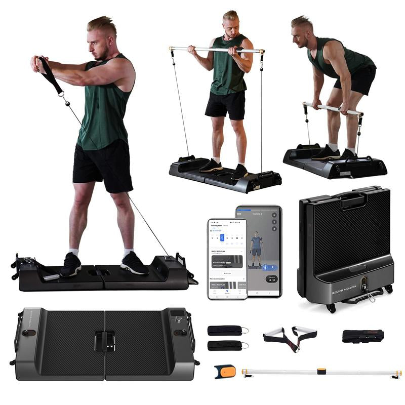 Motion Space:All in 1 Smart Fitness Board,Foldable Office/Home Gym Exercise Equipment,Full-Body Muscle Workout,Men/Women,Space-Saving,Multi-Functinalities of Rowing Machine,Barbell,Dumbbells,Pulley System, Smith Machine,App,Wifi,Bluetooth