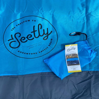 SAND FREE BEACH BLANKET! Water Resistant, Sand Free, Nylon, Large, Can Fit 4-6 People, Fit the Whole Family, Compact, Portable, Four Stakes, Blue and Grey