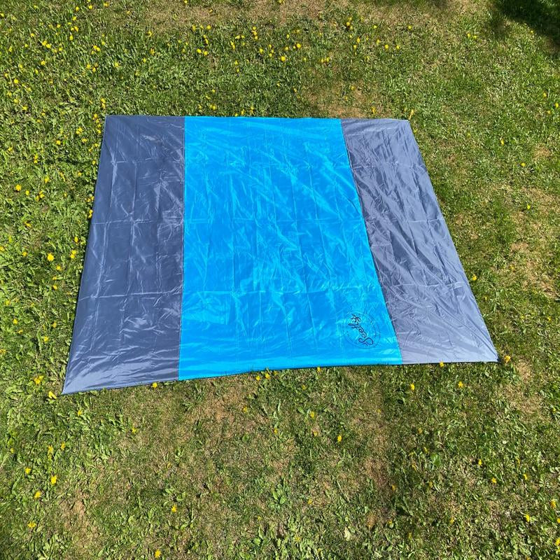 SAND FREE BEACH BLANKET! Water Resistant, Sand Free, Nylon, Large, Can Fit 4-6 People, Fit the Whole Family, Compact, Portable, Four Stakes, Blue and Grey