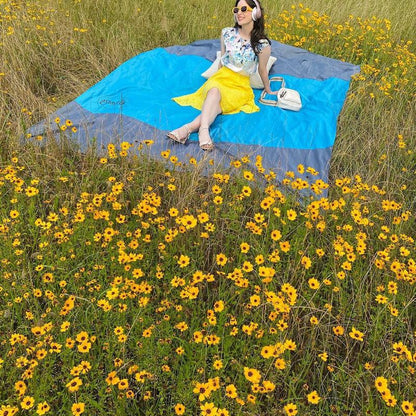 SAND FREE BEACH BLANKET! Water Resistant, Sand Free, Nylon, Large, Can Fit 4-6 People, Fit the Whole Family, Compact, Portable, Four Stakes, Blue and Grey