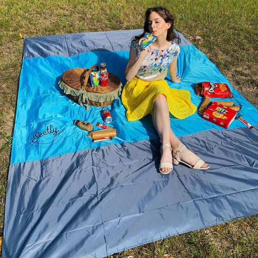 SAND FREE BEACH BLANKET! Water Resistant, Sand Free, Nylon, Large, Can Fit 4-6 People, Fit the Whole Family, Compact, Portable, Four Stakes, Blue and Grey