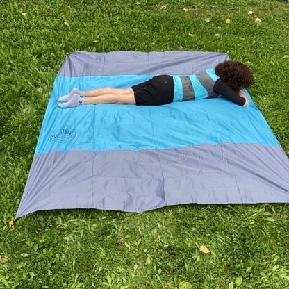 SAND FREE BEACH BLANKET! Water Resistant, Sand Free, Nylon, Large, Can Fit 4-6 People, Fit the Whole Family, Compact, Portable, Four Stakes, Blue and Grey