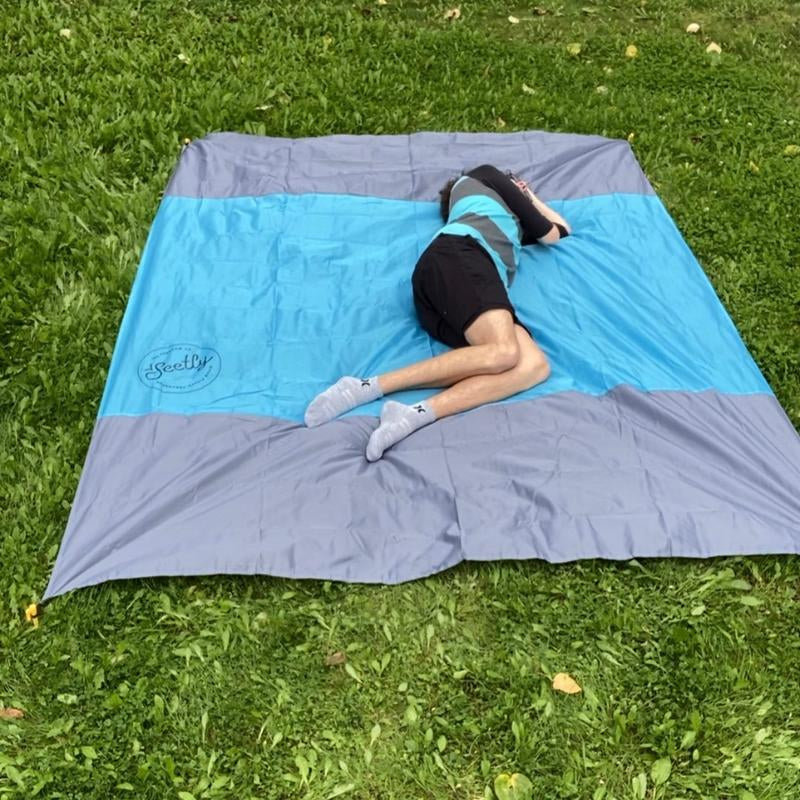 SAND FREE BEACH BLANKET! Water Resistant, Sand Free, Nylon, Large, Can Fit 4-6 People, Fit the Whole Family, Compact, Portable, Four Stakes, Blue and Grey